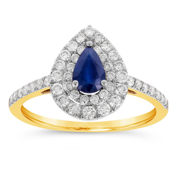 9ct Yellow Gold 0.59ct Natural Black Sapphire and 1/2ct Diamond Double Halo Pear Ring