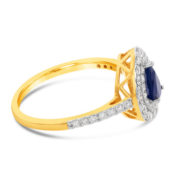 9ct Yellow Gold 0.59ct Natural Black Sapphire and 1/2ct Diamond Double Halo Pear Ring
