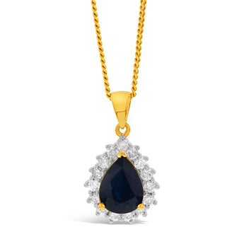 9ct Yellow Gold 1.72ct Natural Black Sapphire and Diamond Pear Halo Pendant