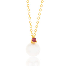 Load image into Gallery viewer, 9ct Yellow Gold Red Cubic Zirconia And Pearl Pendant On Chain
