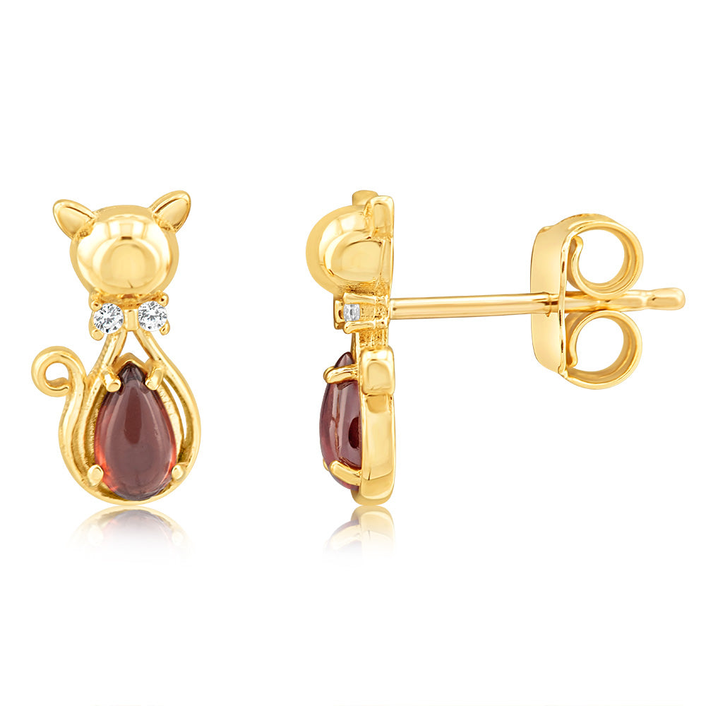 9ct Yellow Gold Red And White Cubic Zirconia Cat Stud Earrings