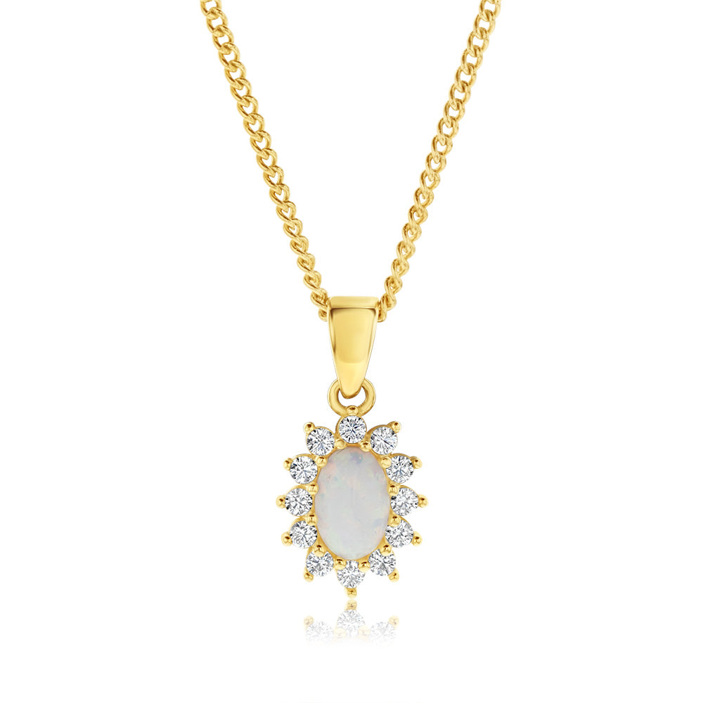 9ct Yellow Gold Cubic Zirconia And Opal Oval Flower Pendant