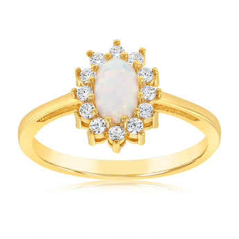 Created Opal and Cubic Zirconia Oval Flower Ring in 9ct Yellow Gold