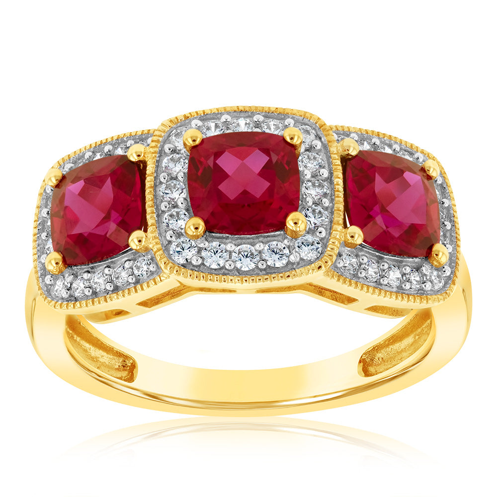 9ct Yellow Gold Cubic Zirconia And Created Ruby Ring