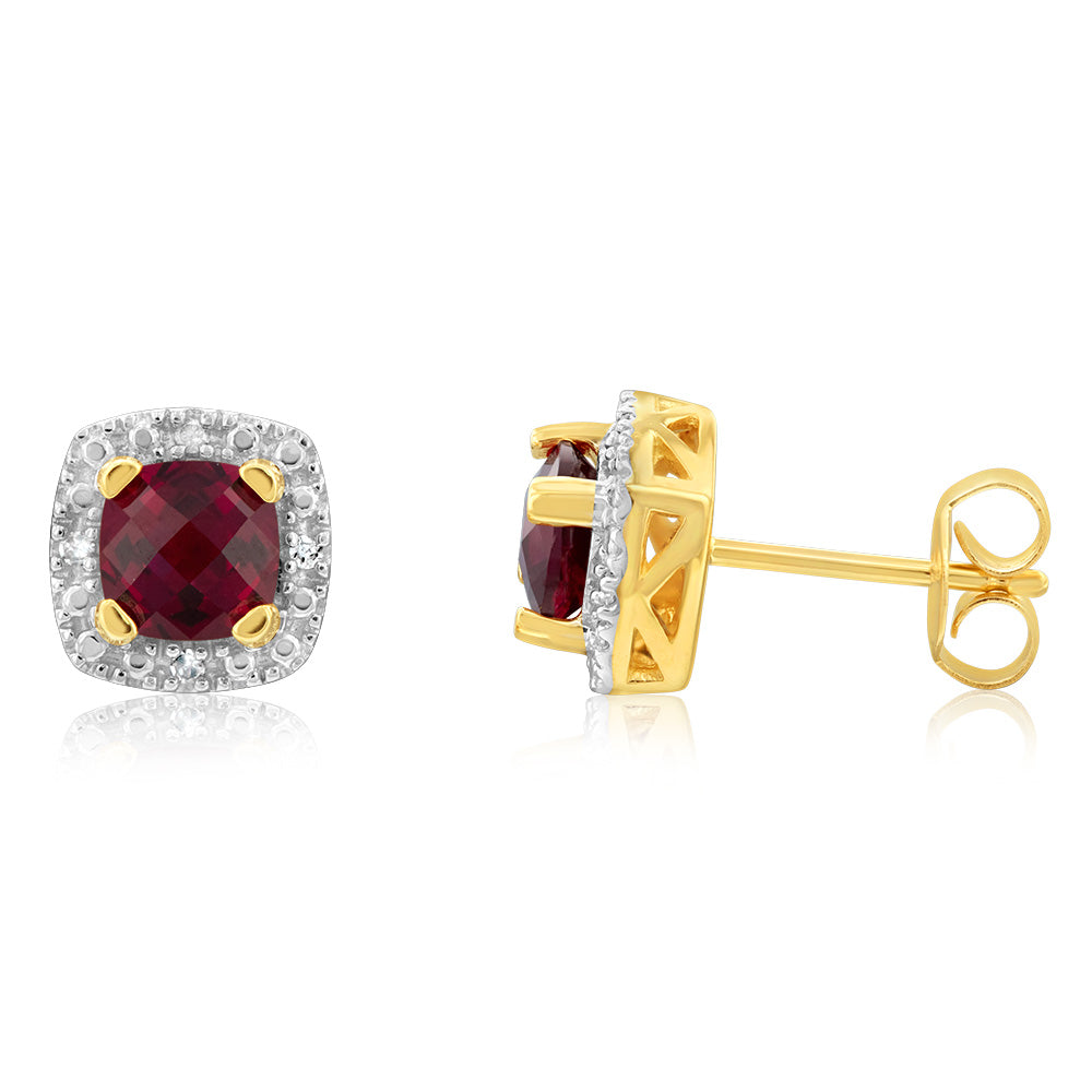9ct Yellow Gold Diamond And Created Ruby Stud Earrings