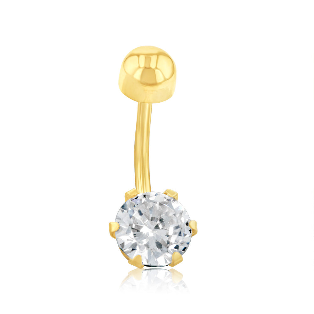 9ct Yellow Gold 6mm Round Cubic Zirconia 6 Claw Belly Bar