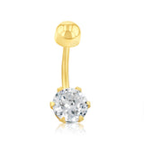 Cubic Zirconia 6 Claw Belly Bar in 9ct Yellow Gold