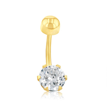 Cubic Zirconia 6 Claw Belly Bar in 9ct Yellow Gold