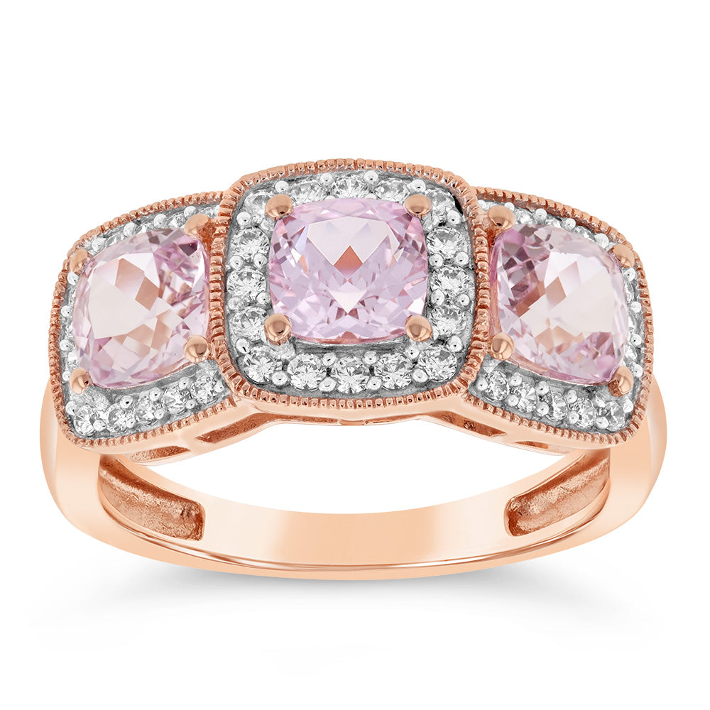 9ct Rose Gold Trilogy Cubic Zirconia And Created Morganite Ring