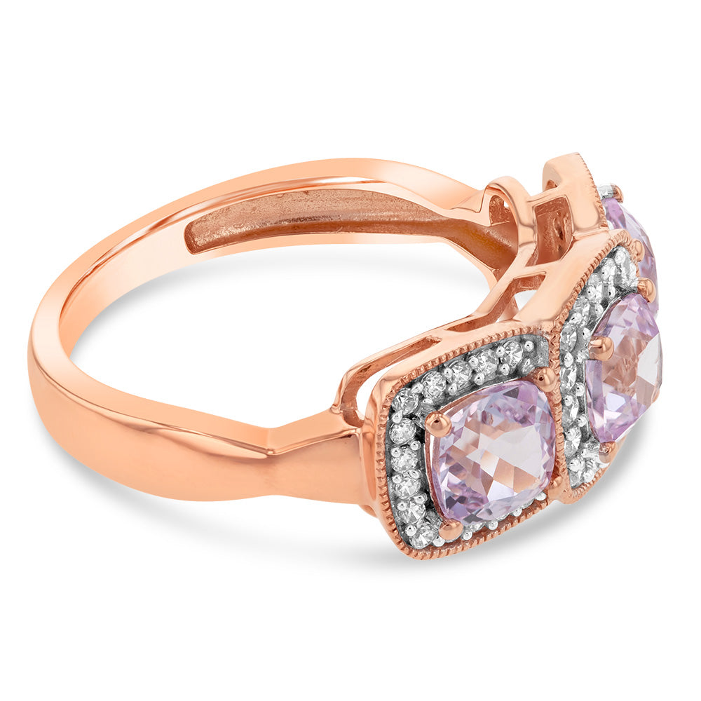 9ct Rose Gold Trilogy Cubic Zirconia And Created Morganite Ring