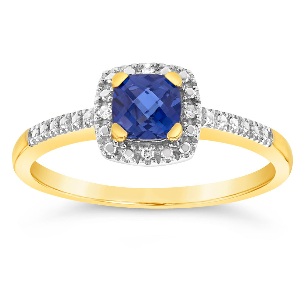 9ct Yellow Gold Diamonds And Created Blue Sapphire Ring