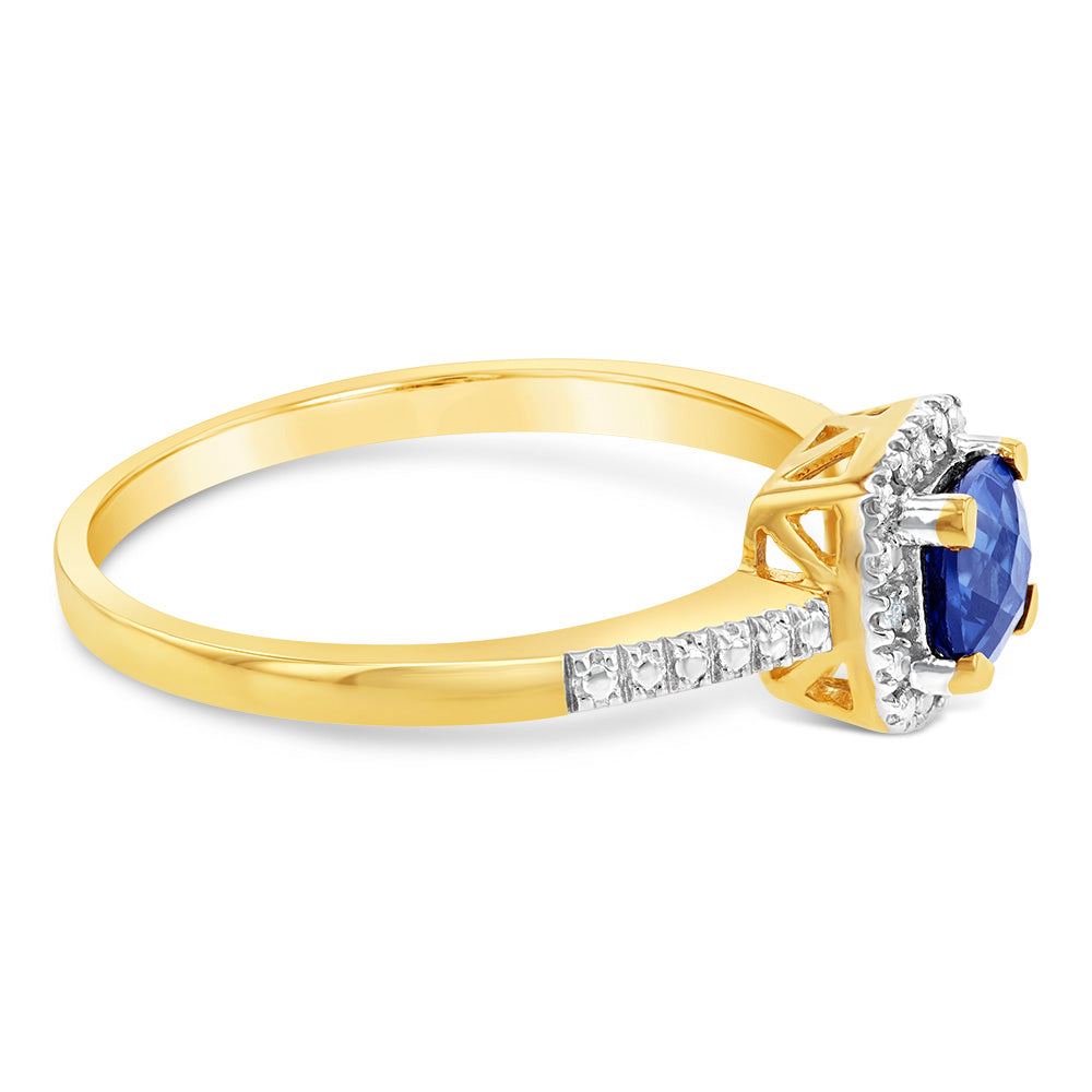 9ct Yellow Gold Diamonds And Created Blue Sapphire Ring