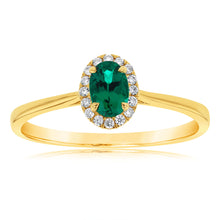 Load image into Gallery viewer, 9ct Yellow Gold Created Oval Emerald And Diamond Halo Ring