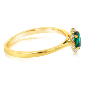 9ct Yellow Gold Created Oval Emerald And Diamond Halo Ring