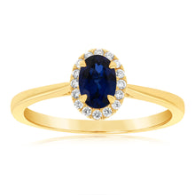 Load image into Gallery viewer, 9ct Yellow Gold Created Oval Sapphire&amp; Diamond Halo Ring