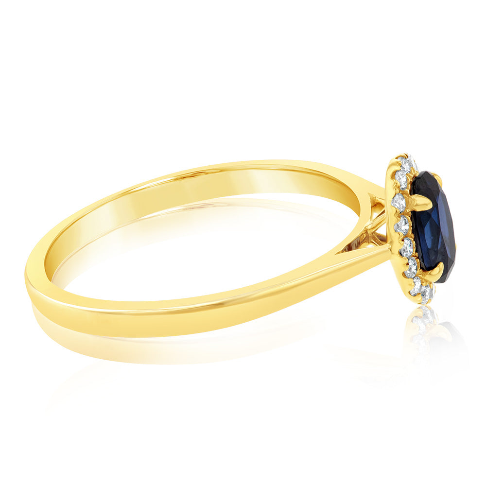 9ct Yellow Gold Created Oval Sapphire& Diamond Halo Ring