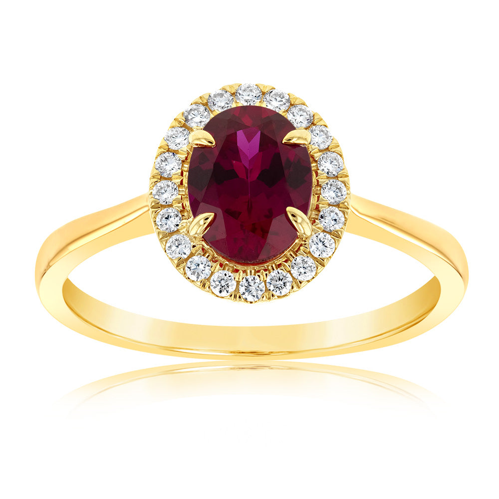 9ct Yellow Gold Created Oval Ruby And Diamond Halo Ring
