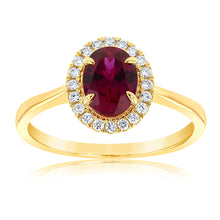 Load image into Gallery viewer, 9ct Yellow Gold Created Oval Ruby And Diamond Halo Ring