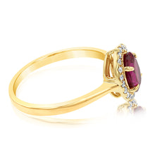 Load image into Gallery viewer, 9ct Yellow Gold Created Oval Ruby And Diamond Halo Ring
