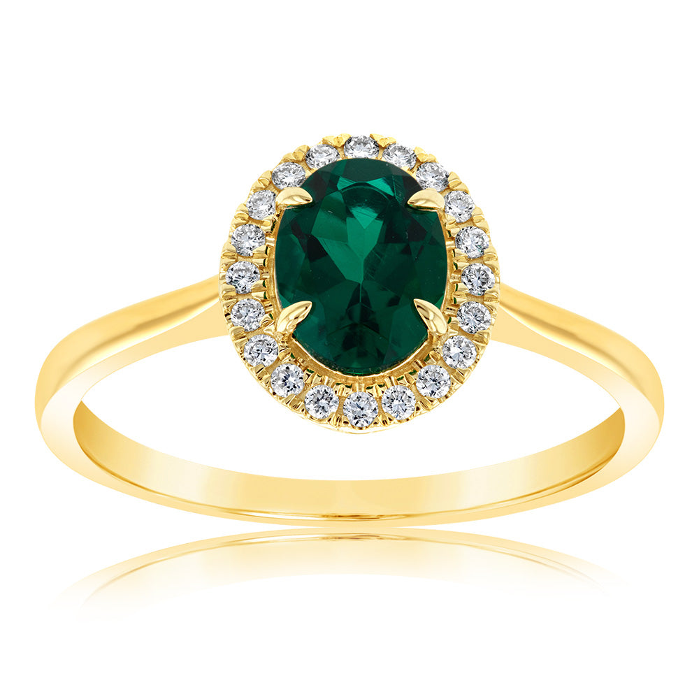 9ct Yellow Gold Created Oval Emerald And Diamond Halo Ring