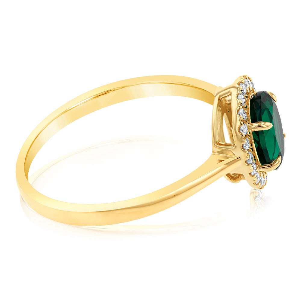 9ct Yellow Gold Created Oval Emerald And Diamond Halo Ring