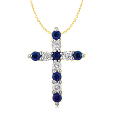 Load image into Gallery viewer, 9ct Yellow Gold Diamond And Created Sapphire Cross Pendant