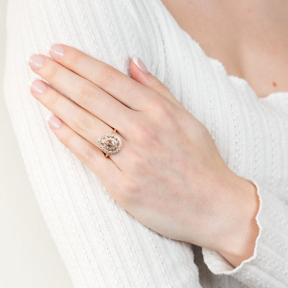 9ct Rose Gold Diamond And Oval Natural Morganite Pear Ring