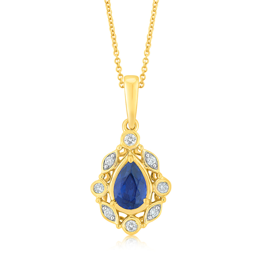 9ct Yellow Gold Diamond And Created Sapphire Pendant With Chain