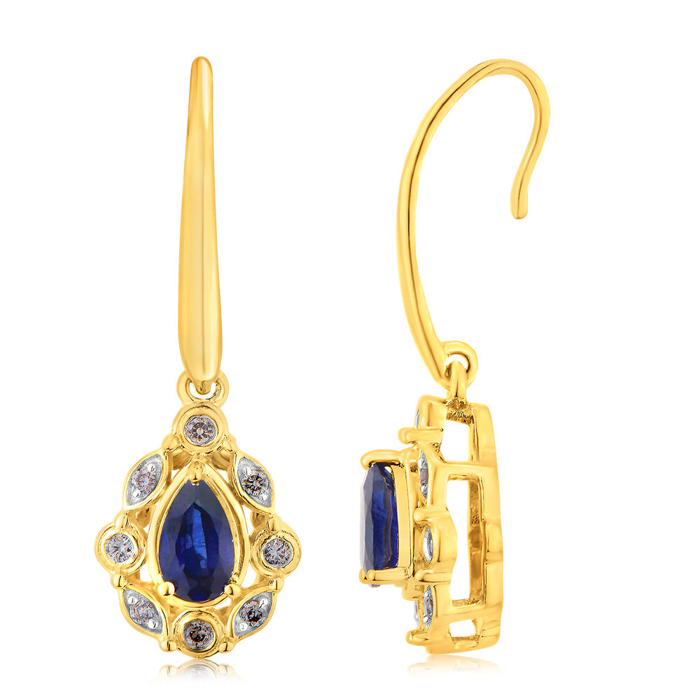 9ct Yellow Gold Diamond And Created Sapphire Drop Earrings