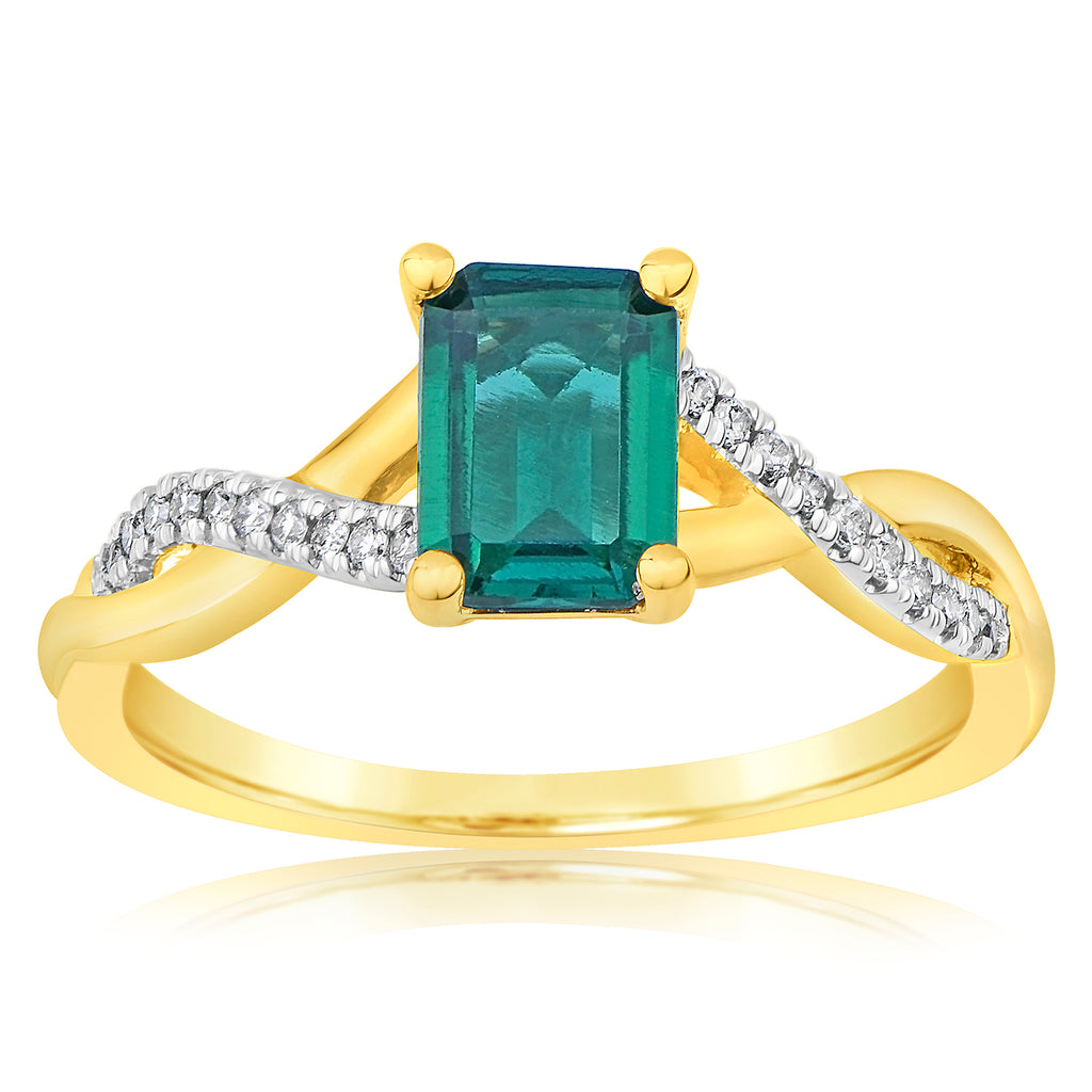 9ct Yellow Gold Diamond And Created Emerald Ring