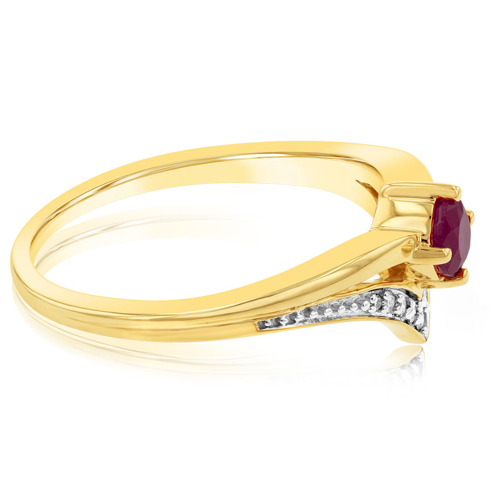 9ct Yellow Gold Diamond And Created Round Ruby Ring