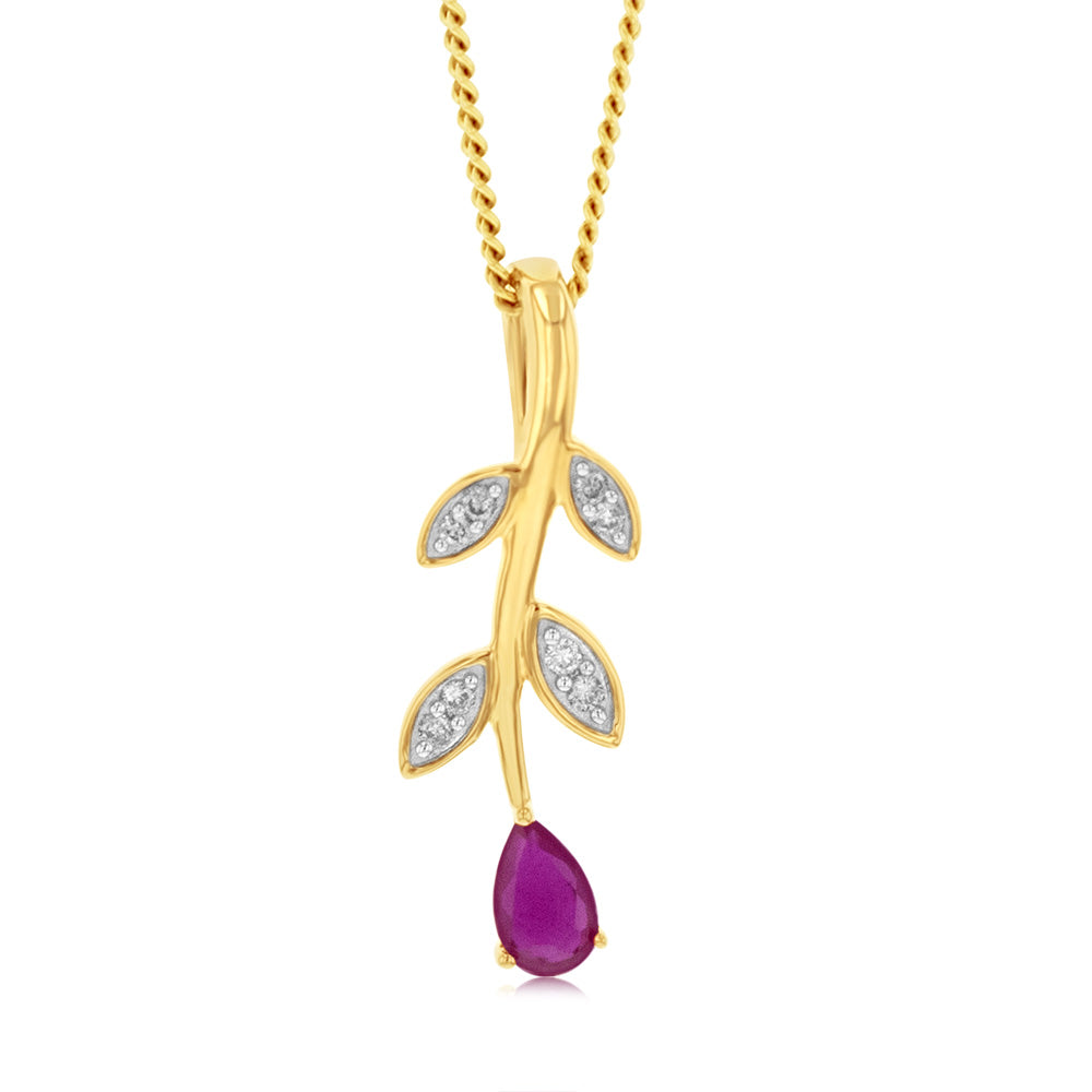 9ct Yellow Gold Diamond And Created  Pear Ruby Pendant