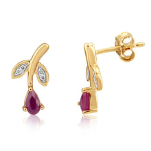 Load image into Gallery viewer, 9ct Yellow Gold Diamond And Created Pear Shaped Ruby Stud Earrings