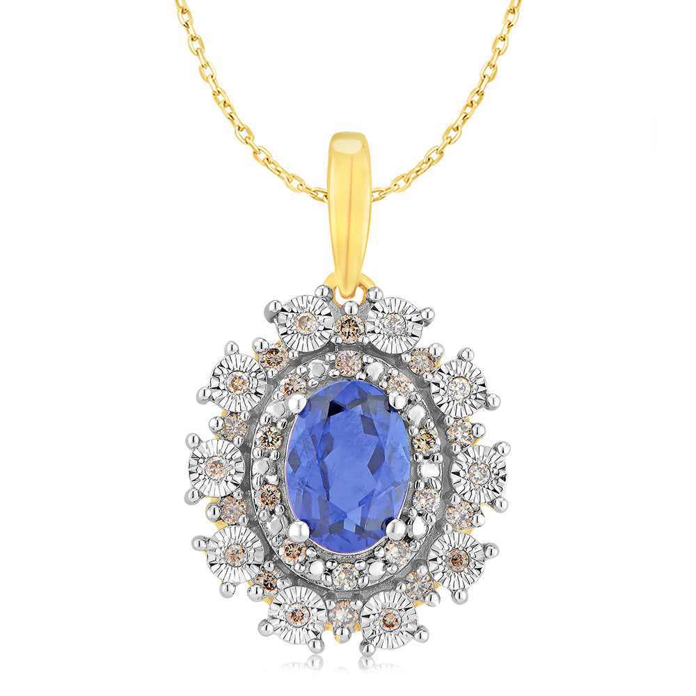 9ct Yellow Gold Diamond And Created Oval Sapphire Pendant