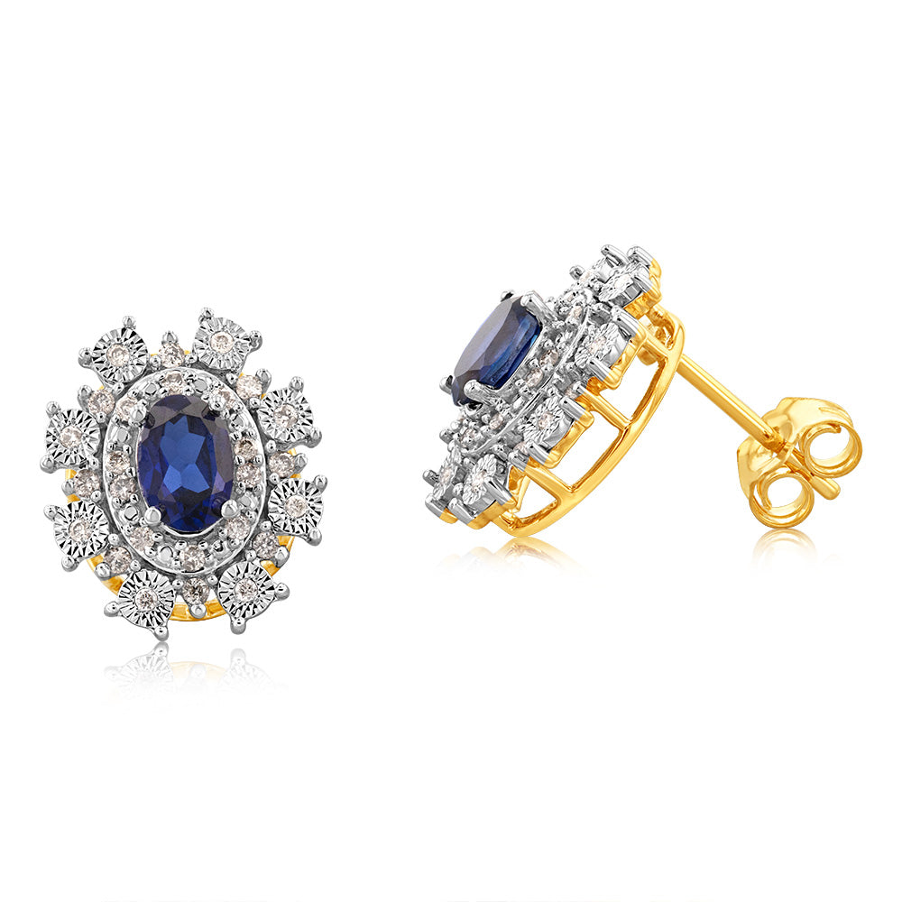 9ct Yellow Gold Diamond And Created Sapphire Earrings