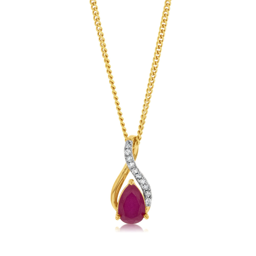 9ct Rose Gold Diamond And Created Pear Ruby Pendant