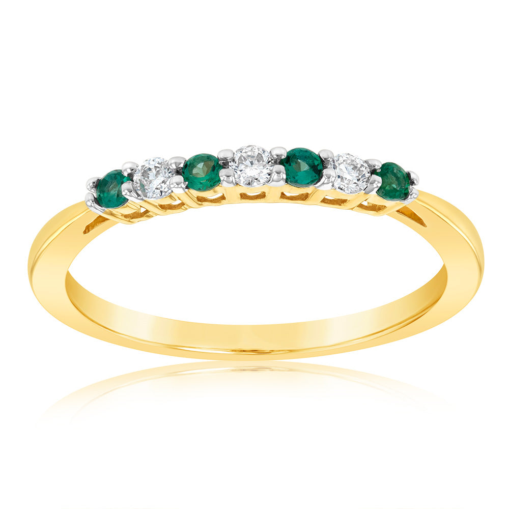 9ct Yellow Gold Diamond And Created Round Emerald Ring
