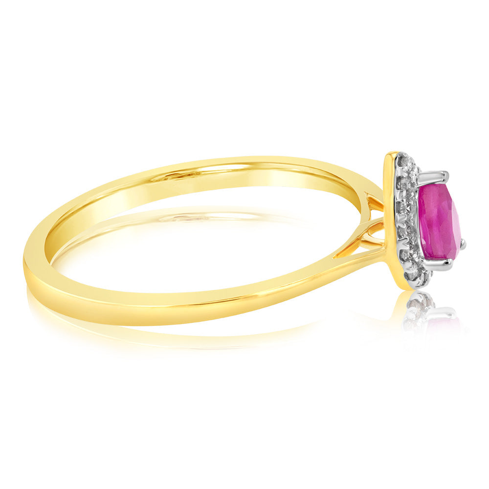 9ct Yellow Gold Diamond And Created Pear Ruby Ring