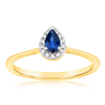 9ct Yellow Gold Diamond And Created Pear Sapphire Ring