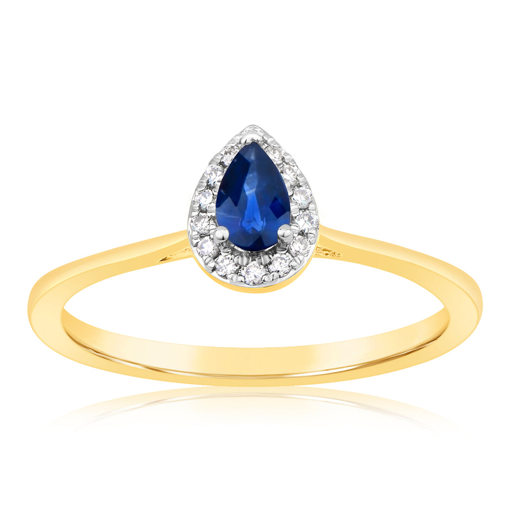 9ct Yellow Gold Diamond And Pear Sapphire Ring
