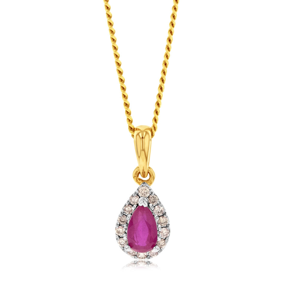 9ct Yellow Gold Diamond And Created Pear Ruby Pendant