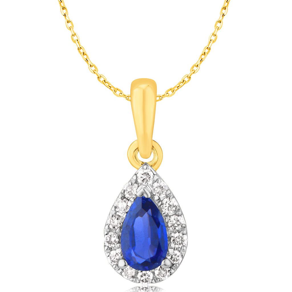 9ct Yellow Gold Diamond And Created Pear Sapphire Pendant