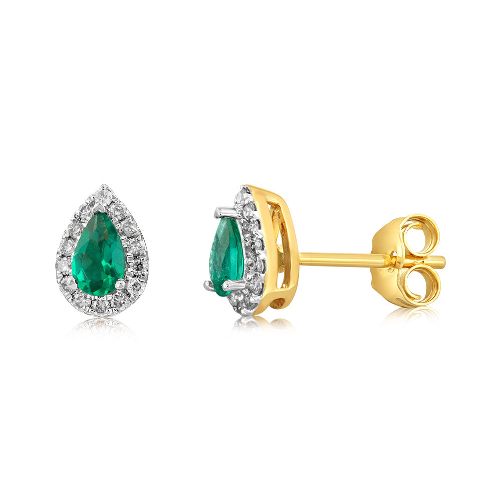 9ct Yellow Gold Diamond And Created Pear Emerald Stud Earrings