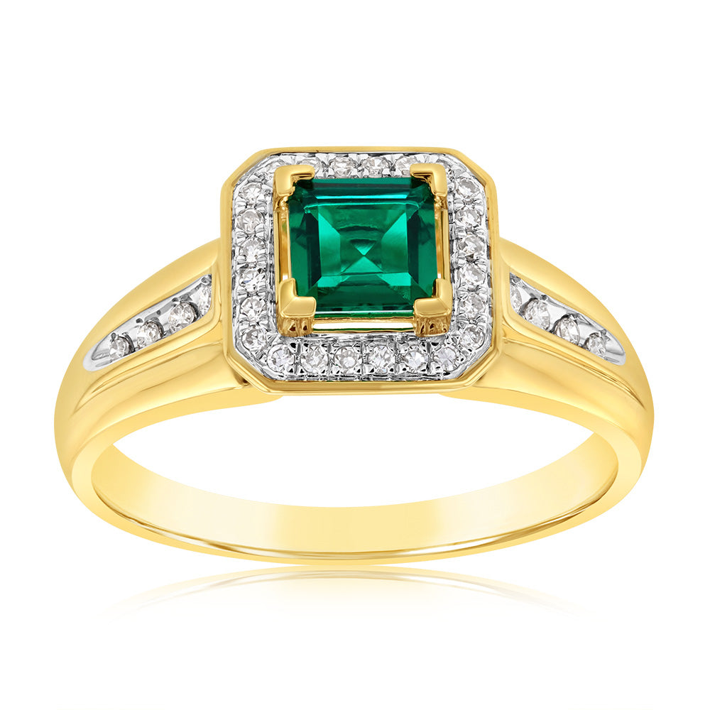 9ct Yellow Gold Created  Emerald And Diamond Ring