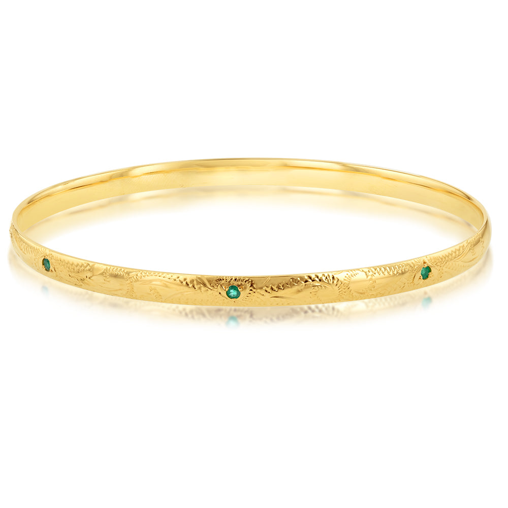 9ct Yellow Gold Hand Engraved Natural Emerald Oval 65mm Bangle