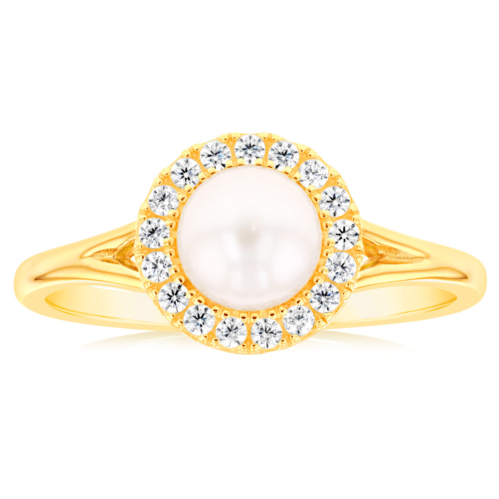 Sterling Silver 14ct Gold Plated Fresh Water Pearl And Zirconia Ring