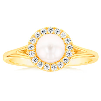 Sterling Silver 14ct Gold Plated Freshwater Pearl And Zirconia Ring