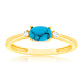 Sterling Silver Yellow Gold Plated Created Oval Green Turquoise And Zirconia Ring