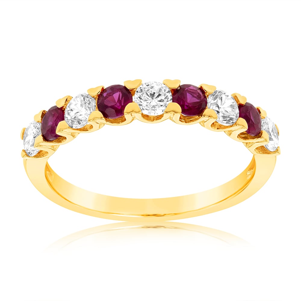 9ct Yellow Gold Cubic Zirconia And Created Ruby Ring