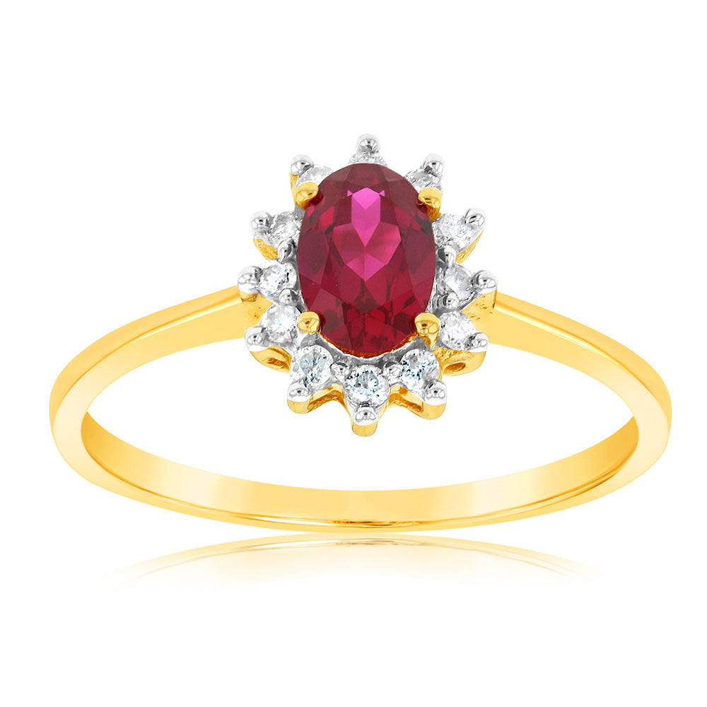 9ct Yellow Gold Diamond And Created Ruby Ring